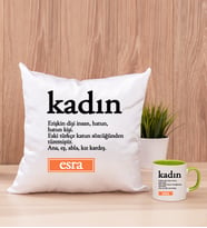 Kadın Kelime Anlamı Kare Yastık ve Yeşil Kupa Bardak