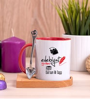 Edebiyat Öğretmeni Ahşap Altlıklı Kırmızı Kupa Bardak