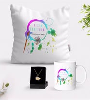 BK Gift Kişiye Özel Resim Öğretmeni Beyaz Kupa Yastık ve İsimli Papatya Kolye Hediye Seti-4 (Model 1)