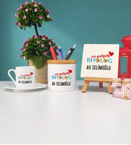 En Yakışıklı Biyolog Hediye Türk Kahvesi Fincanı Kalemlik ve Dekoratif Taş Baskı Hediye Seti