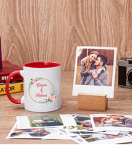 İki İsimli Çiftlere Özel Kırmızı Kupa Bardak ve Ahşap Standlı Polaroid Set