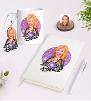 BK Gift Kişiye Özel Kadın Astrolog Karikatürlü Beyaz Defter Kalem Kupa ve Anahtarlık Hediye Seti-1 (Model 1)