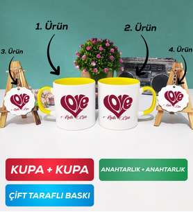 İkili Sarı Love Tasarımlı Sevgililer Günü Hediyesi Kupa Bardak Anahtarlık