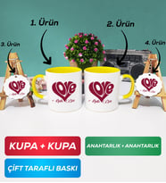 İkili Sarı Love Tasarımlı Sevgililer Günü Hediyesi Kupa Bardak Anahtarlık