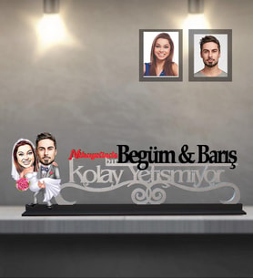 Kişiye Özel Gelin Damat  Karikatürlü Kolay Yetişmiyor Ahşap Biblo  Mod-1