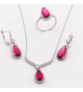 925 Ayar Gümüş Pembe Zirkon Taşlı Damla Set