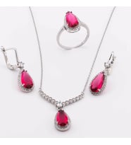 925 Ayar Gümüş Pembe Zirkon Taşlı Damla Set