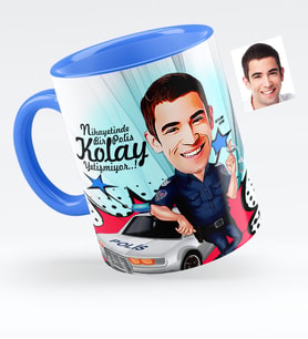 BK Gift Kişiye Özel Bay Polis Karikatürlü Mavi Kupa Bardak  5