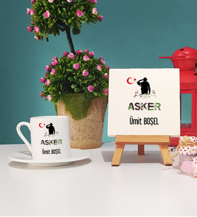Asker Tasarımlı Kişiye Özel Hediye Asker Türk Kahvesi Fincanı ve Dekoratif Taş Baskı Hediye Seti