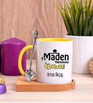 Maden Teknolojisi Öğretmeni Ahşap Altlıklı Sarı Kupa Bardak