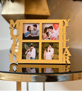 Kişiye Özel 4 Fotoğraflı Mutlu Yıllar Mdf Çerçeve Gold