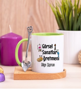 Görsel Sanatlar Öğretmeni Ahşap Altlıklı Yeşil Kupa Bardak