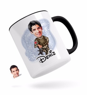 BK Gift Kişiye Özel Asker Karikatürlü Siyah Kupa Bardak-2