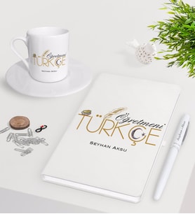 BK Gift Kişiye Özel Türkçe Öğretmeni Beyaz Defter Kalem Türk Kahvesi Fincanı Seti-1 (Model 1)