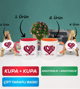 İkili Kırmızı Turuncu Love Tasarımlı Sevgililer Günü Hediyesi Kupa Bardak Anahtarlık