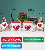 İkili Kırmızı Turuncu Love Tasarımlı Sevgililer Günü Hediyesi Kupa Bardak Anahtarlık