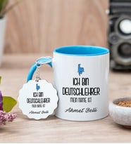 Erkek Almanca Öğretmeni Mavi Kupa Bardak Ve Anahtarlık Set