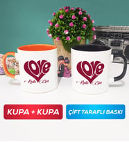 İkili Love Tasarımlı Sevgililer Günü Hediyesi Kupa Bardak Turuncu Siyah
