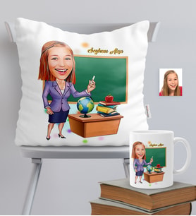 BK Gift Kişiye Özel Bayan Öğretmen Temalı Karikatürlü Yastık Kupa Seti - 1