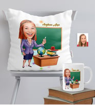 BK Gift Kişiye Özel Bayan Öğretmen Temalı Karikatürlü Yastık Kupa Seti - 1