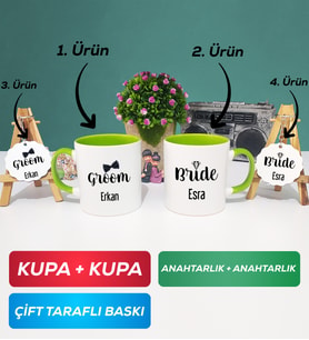 İkili Yeşil Damat Kupa Bardak Anahtarlık