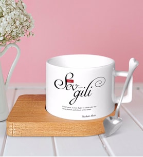 BK Gift Kişiye Özel Mânâ Sevgili Ahşap Altlıklı Seramik Fincan-1 (Beyaz)