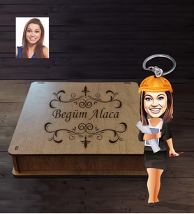 Kişiye Özel Mühendis Karikatürlü Ahşap Anahtarlık Kutulu Bayan-1