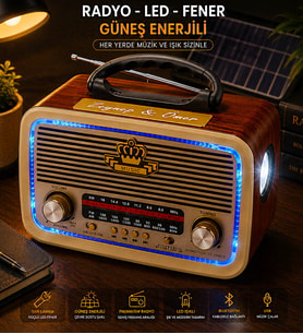 Kişiye Özel Ahşap Nostaljik Görünümlü Güneş Enerjili Bluetoothlu Ledli Radyo