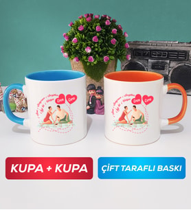 İkili Sevgiliye Sevgililer Günü Hediyesi 5 Kupa Bardak Mavi Turuncu