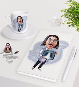 BK Gift Kişiye Özel Bayan Radyolojist Karikatürlü Beyaz Defter Kalem Türk Kahvesi Fincanı Seti-1 (Model 1)