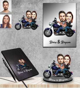 Kişiye Özel Motorcu Sevgili Karikatürlü 5 li Hediye Seti Model 3