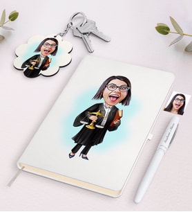 BK Gift Kişiye Özel Kadın Avukat Karikatürlü Beyaz Defter Kalem ve Anahtarlık Hediye Seti-1 (Model 1)