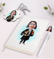 BK Gift Kişiye Özel Kadın Avukat Karikatürlü Beyaz Defter Kalem ve Anahtarlık Hediye Seti-1 (Model 1)