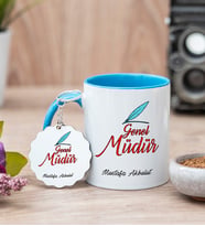 Genel Müdür Mavi Kupa Bardak Ve Anahtarlık Set