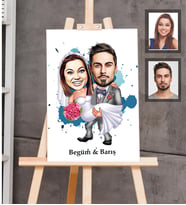 Kişiye Özel Gelin Damat Karikatürlü Ahşap Tablo 30x47  Mod-1