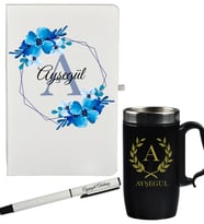 Kişiye Özel Şık Çiçek Tasarımlı Hediye Defter Kalem Ve Siyah Termos Mug Seti