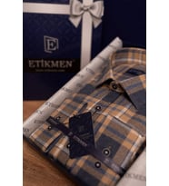 Hardal Lacivert Slimfit Oduncu Hediye Kutulu Erkek Gömlek