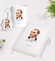 BK Gift Kişiye Özel Atatürk Temalı Kupa Anahtarlık Beyaz Defter Kalem Hediye Seti-15 (Model 1)