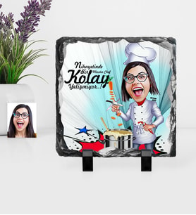 BK Gift Kişiye Özel Bayan Chef Karikatürlü Dekoratif Doğal Taş  1