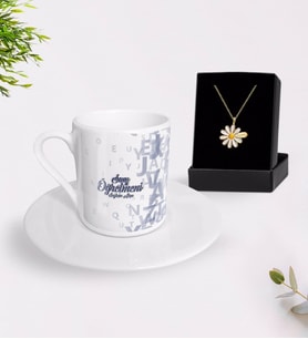 BK Gift Kişiye Özel Sınıf Öğretmeni Türk Kahvesi Fincanı ve İsimli Papatya Kolye Hediye Seti-16 (Model 1)