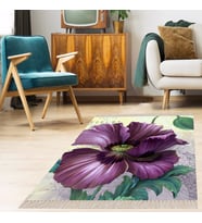 Çiçek Desenli Dijital Baskı Yıkanabilir Kaymaz Taban Etnik Kilim Desen Salon Halı (Mor)