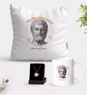 BK Gift Kişiye Özel Felsefe Öğretmeni Beyaz Kupa Yastık ve İsimli Papatya Kolye Hediye Seti-1 (Model 1)