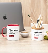 Öğretmen Kelime Anlamı Kırmızı Kupa Bardak Ve Kalemlik Hediye Seti