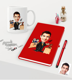 BK Gift Kişiye Özel Bay Avukat Karikatürlü Kırmızı Defter Kalem Kupa Seti - 3 (Model 1)
