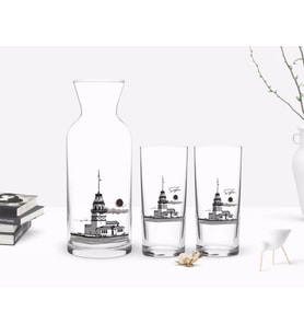 BK Gift Kişiye Özel Renkli Baskılı Kız Kulesi Tasarımlı İkili Rakı Bardağı ve Karaf Hediye Seti-3 (Beyaz)