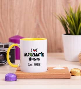 Matematik Öğretmeni Ahşap Altlıklı Mumlu Sarı Kupa Bardak