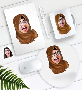 BK Gift Kişiye Özel Tesettürlü Bayan Karikatürlü Defter Kalem Kupa Mouse Pad Seti (Model 1)