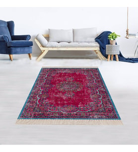Osmanlı Motif Kilim Desen Dijital Baskı Yıkanabilir Kaymaz Taban Etnik Salon Halı ve Yolluk (Bordo)