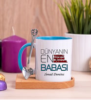 Dünyanın En İyi Babası Ahşap Altlıklı Mavi Kupa Bardak
