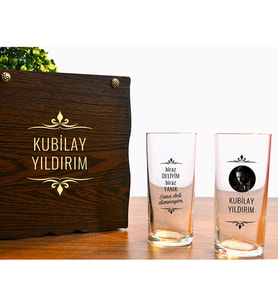Ahşap Kutulu İsim ve Fotoğraf Baskılı 2'li Rakı Bardağı Seti